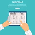 Cardiogram on clipboard in hands of doctor