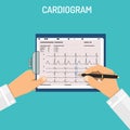 Cardiogram on clipboard in hands of doctor