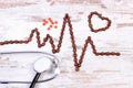 Cardiogram line of coffee grains, stethoscope and supplement pills Royalty Free Stock Photo