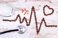 Cardiogram line of coffee grains, stethoscope and supplement pills, medicine and healthcare concept Royalty Free Stock Photo