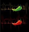 Lines of cardiogram braid red and green chili peppers