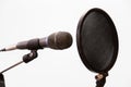 Cardioid Condenser Microphone, Headphones And Pop Filter On A Gray Background. Home Recording Studio