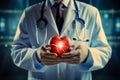 Cardiologist holding red heart with electrocardiogram. Cardiology concept