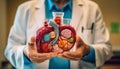 The cardiologist, holding a stethoscope, examines the patient heart generated by AI