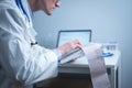 Cardiologist reading an ECG print-out. Doctor analyzing electrocardiogram. Practitioner examine patient test results