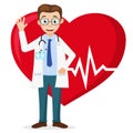 Cardiologist smiles and waves his hand against the background of a healthy heart. Royalty Free Stock Photo