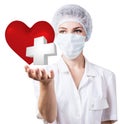 Cardiologist woman doctor holding big red heart.