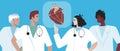 Cardiologists and heart., flat vector stock illustration with doctors and human cardiovascular organ or medical training and