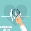Cardiology center. Doctor hand holding a magnifying glass for heartbeat