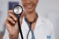 Cardiology doctor, stethoscope closeup and black woman in healthcare, heart wellness and consultation pov. Friendly Royalty Free Stock Photo