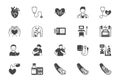 Cardiology flat icons. Vector illustration included icon as heart attack, ecg monitor, doctor, pacemaker, defibrillator