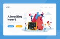 Cardiology Health Care, Medicine Landing Page Template. Tiny Doctor Characters with Drugs and Equipment at Huge Heart