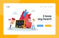 Cardiology Health, Medicine and Pills Landing Page Template. Tiny Doctor Characters at Huge Human Heart Measure Pulse