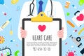 Cardiology heart care banner concept flat style design poster.