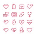 Cardiology medicine vector line icons. Cardiologist and heart diseases vector symbols