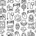 Cardiology seamless pattern with thin line icons: cardiologist, stethoscope, hospital, pulsometer, cardiogram, heartbeat. Modern