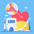 Cardiology vector illustration. Atherosclerosis is disease that plaque builds up inside arteries. Blood vessel is narrow and hard Royalty Free Stock Photo