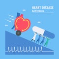 Cardiology vector illustration. On blue background, heart disease problem called tachycardia arrhythmia. Periodic signal is fast