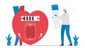 Cardiology vector illustration. This disease problem is bradycardia arrhythmia. Because heart has low battery or energy. This