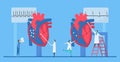 Cardiology vector illustration. This heart disease problem is tachycardia arrhythmia. Comparison of unusual and normal signals