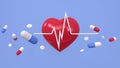Cardiovascular disease concept. Medical problems with heart. Capsule pills and heart on blue.