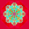 LACE FLOWER MANDALA IN A RED BACKGROUND . WITH A CENTRAL FLOWER IN FUCHSIA. BRIGHT COLORS AQUAMARINE,TURQUOISE