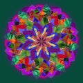 MANDALA FLOWER. TIFFANY STYLE. PLAIN GREEN BACKGROUND. COLORFUL IMAGE. CENTRAL FLOWER IN ORANGE, RED, GREEN, BLUE, PURPLE