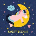 Sweet dreams print with a cute unicorn sleeping on the Moon. Good night poster Royalty Free Stock Photo