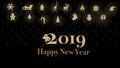 Cards or Banners Happy New Year 2019 Gold Color Black Background Royalty Free Stock Photo