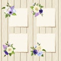 Cards with blue, purple and white flowers on a wooden background