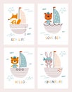 Cards cartoon animals traveling by ship. Vector illustration