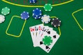 Cards, chips lie on the green poker table Royalty Free Stock Photo