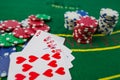 Cards, chips lie on the green poker table Royalty Free Stock Photo