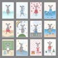 12 cards collection with cute cartoon rats, symbol of 2020 new year. Vector templates Royalty Free Stock Photo