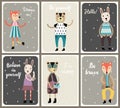 Cards with cute fashion animals set in scandinavian style. Royalty Free Stock Photo