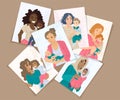 Cards with diverse mothers holding their babies. Vector illustration Royalty Free Stock Photo