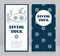 Cards for diving tour with vintage submarine