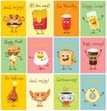 Cards with funny food characters vector illustrations