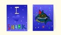 Cards for invitations to the birthday party baby shark. Cute cartoon character fish. Marine decor and inscriptions. Funny letters Royalty Free Stock Photo