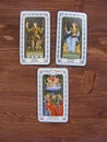 Cards of love and lovers, Tarot cards medieval close up on wooden background