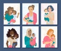 Cards with mothers of different nationalities and babies. Vector illustration Royalty Free Stock Photo