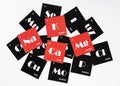 Cards with the names of the chemical elements of the periodic system. Alfabet of electrolytes on red cardboard.