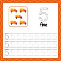 Cards with numbers for children. Trace the line. For kids learning to count and to write. Number five. Count cars. Educational