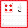 Cards with numbers for children. Trace. For kids learning to count and to write. Number four. Apple