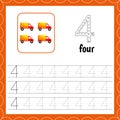 Cards with numbers for children. Trace the line. For kids learning to count and to write. Number four. Count cars