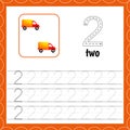 Cards with numbers for children. Trace the line. For kids learning to count and to write. Number two.Count cars. Educational maths