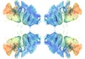 Cards of rorschach inkblot test. Watercolor picture. Abstract background. Blue, orange, yellow and green paint.