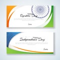 Cards with the text Republic Day and Independence Day of India Abstract background with lines of colors of the national flag