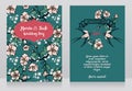 Cards for wedding with blooming tree branches and swallows couple Royalty Free Stock Photo