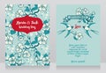 Cards for wedding with blooming tree branches and swallows couple Royalty Free Stock Photo